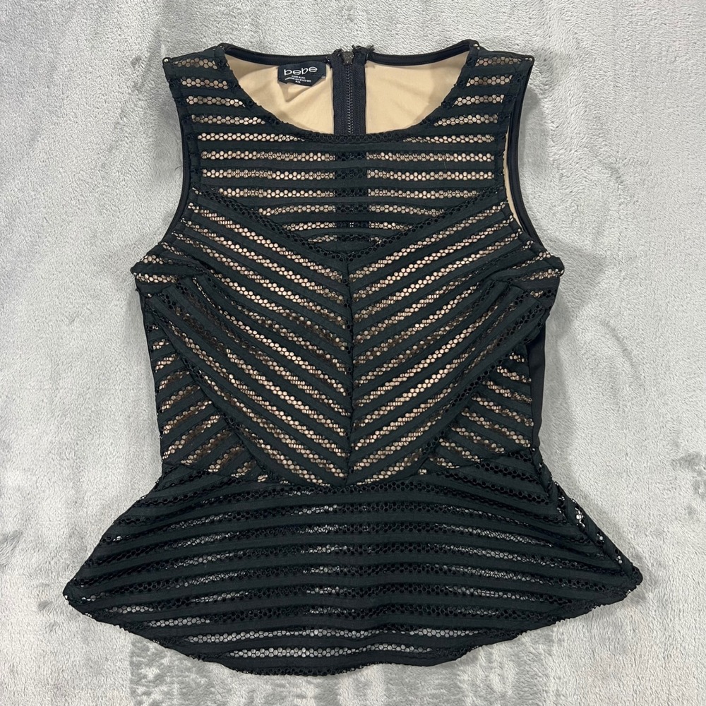 BEBE Peplum Top Womens Medium Black Lace‎ Striped Sleeveless Formal Baddie Chic